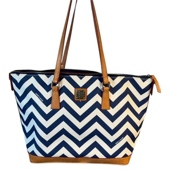 Dooney & Bourke Handbags - Dooney and Bourke blue and white‎ chevron tan leather tote bag Shoulder purse